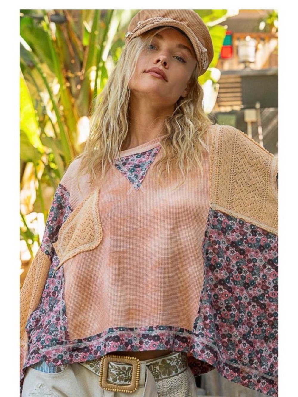 POL Patchwork Floral & Knit Peach Pink Sweatshirt